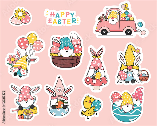 Cute happy Easter Gnome Bunny ears sweet pastel sticker collection, gnome easter sticker printable set, happy easter set