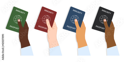 Four Hands of different nationalities holding multicolored collections of immune passports. Vaccination, negative result of coronavirus, vaccination document. Flat style. Vector