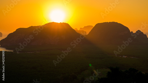 Panoramic nature background  mountains  sea  trees  twilight lights in the sky  waterfront communities   naturally blurred through the wind  seen on tourist spots or scenic spots