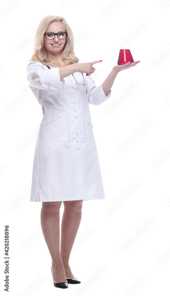 friendly therapist with a laboratory flask . isolated on a white friendly therapist with a laboratory flask . isolated on a white