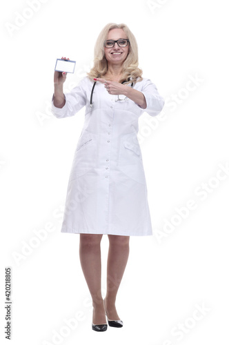 smiling female therapist showing her business card