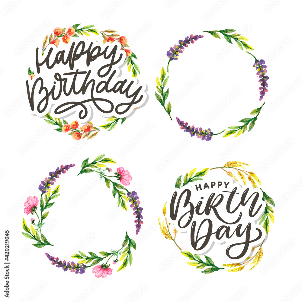 Happy birthday Watercolor autumn frame. Wreath made of hand drawn autumn leaves and flowers. Greeting card or Invitation Happy birthday Watercolor autumn frame. Wreath made of hand drawn autumn leaves and flowers. Greeting card or Invitation