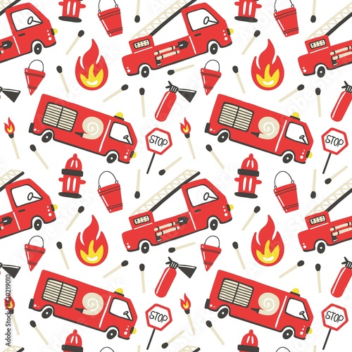 Firefighter seamless pattern. Fire truck with ladder extinguisher and hose. Hand drawn cartoon trendy scandinavian childish doodle cars. Decor textile, wrapping paper wallpaper vector print or fabric