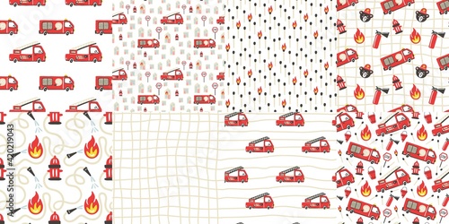 Firefighter seamless pattern collection. Fire truck with ladder extinguisher and hose. Hand drawn cartoon scandinavian doodle cars set. Decor textile, wrapping paper wallpaper vector print or fabric