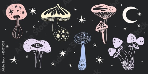 Space mushrooms set. Hand drawn line pastel colored mushroom collection. Cosmos, magic or forest doodle plants, fantastic decorative background, vector cartoon isolated illustration
