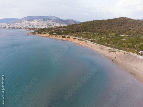 Aerial photo of Kavouri beach at Vouliagmeni during the golden hour