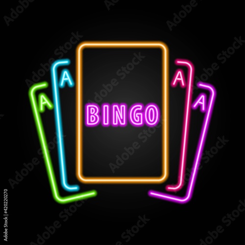 Casino cards neon sign, modern glowing banner design, colorful trend of modern design on black background. Vector illustration.