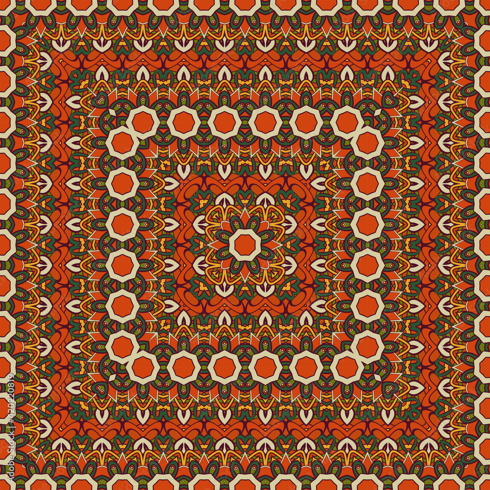 Creative trendy color abstract seamless mandala pattern in white red orange brown in oriental style. Square ornament for scarves, pillows, for printing on fabric or paper. Creative trendy color abstract seamless mandala pattern in white red orange brown in oriental style. Square ornament for scarves, pillows, for printing on fabric or paper.
