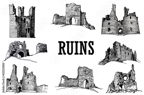 Tela Graphical set of ruins on white background, vector architecture