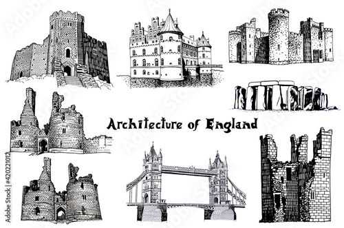 Graphical castles of England on white background, vector architecture