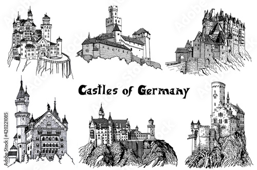 Graphical castles of Germany on white background, vector architecture