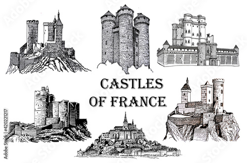 Graphical castles of france on white background, vector architecture
