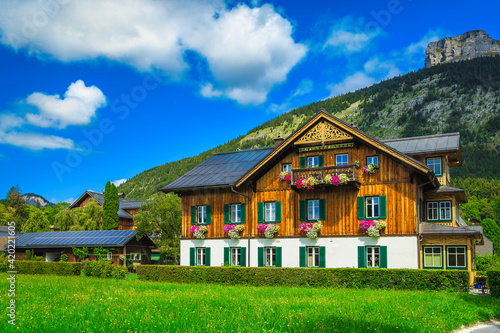 Cute traditional alpine wooden house with flowery backyard, Austria