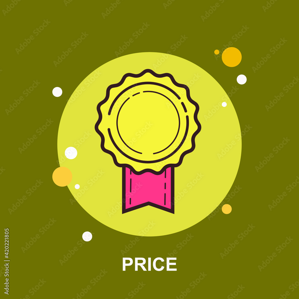 Price with golden medal and red ribbon attached on yellow background flat concept design
