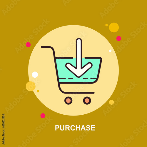 Purchase cart with download option on yellow background flat concept design