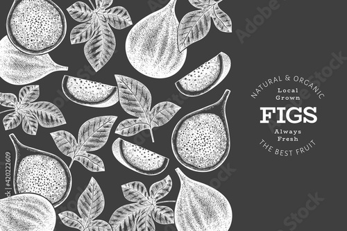Hand drawn fig fruits design template. Organic fresh food vector illustration on chalk board. Retro fig fruit banner.