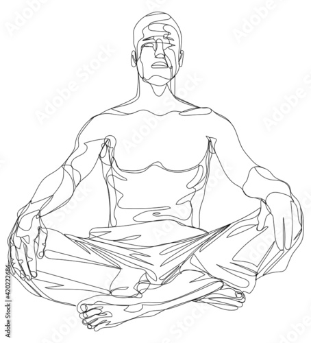 meditating young man, zen yoga buddhism lotus seat, meditation of athletic youngster practicing yoga, stylized oneliner vector graphic photo
