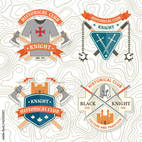 Set of Knight historical club badge, t-shirt design. Vector. Concept for shirt, print, stamp, overlay or template. Vintage typography design with knight with sword and castle silhouette.