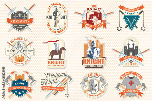 Set of Knight historical club badge, t-shirt design. Vector. Concept for shirt, print, stamp, overlay or template. Vintage typography design with knight with sword and castle silhouette.