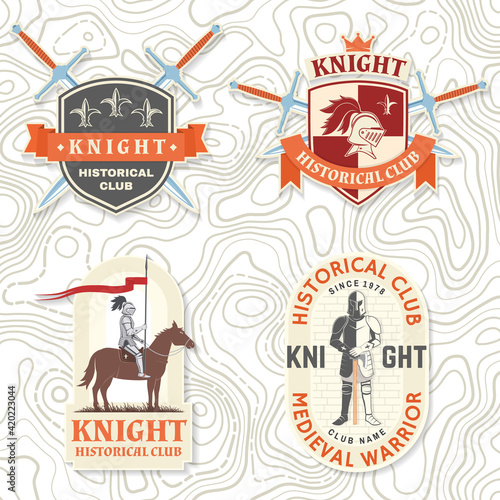 Set of Knight historical club badge, t-shirt design. Vector. Concept for shirt, print, stamp, overlay or template. Vintage typography design with knight with sword and castle silhouette.