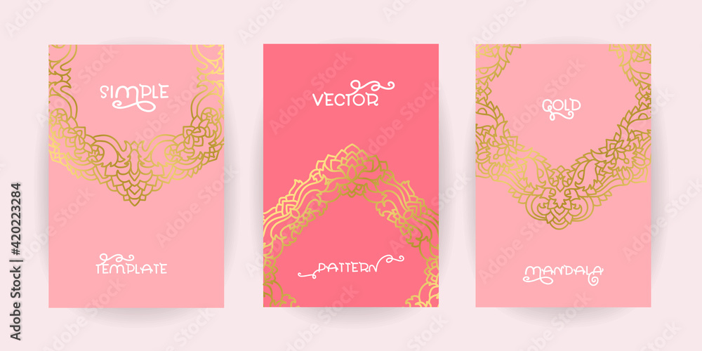 Set of simple pink flaers with gold mandala pattern. Greeting card design. Vector illustration.