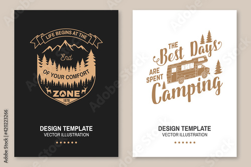 Set of outdoor adventure inspirational quote. Vector Concept for shirt, logo, print, stamp or tee. Vintage typography design with camper tent, camper van, mountain, forest landscape silhouette