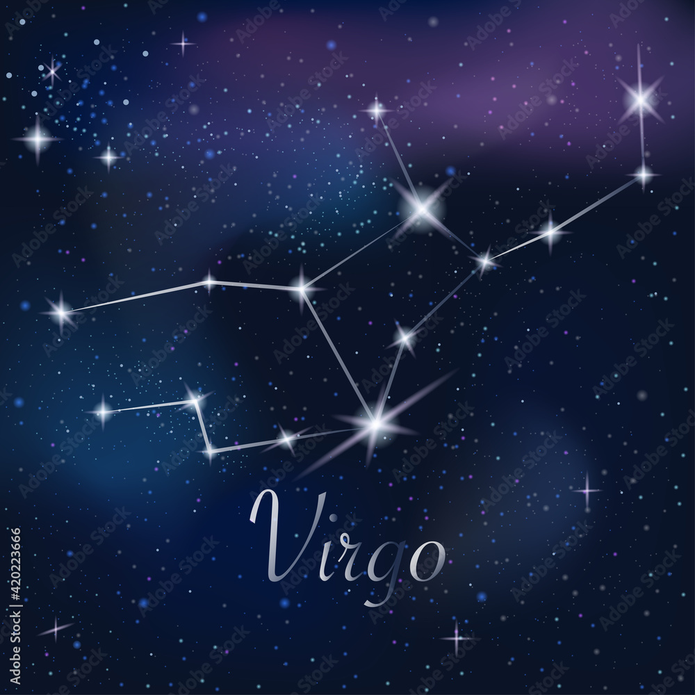 Zodiac sign Virgo on against the background of the starry sky. Constellation Virgo on starry night background. Astrological zodiac against the background of space. Zodiac sign Virgo on against the background of the starry sky. Constellation Virgo on starry night background. Astrological zodiac against the background of space.