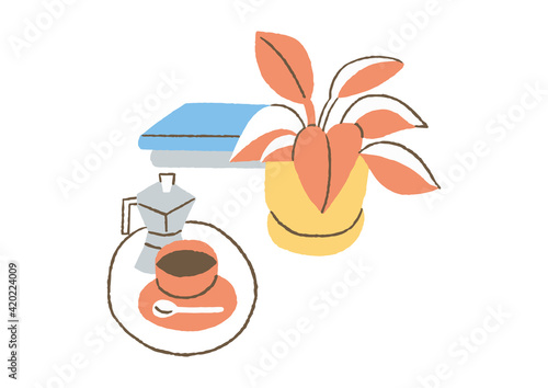 観葉植物とコーヒーと本_背景02