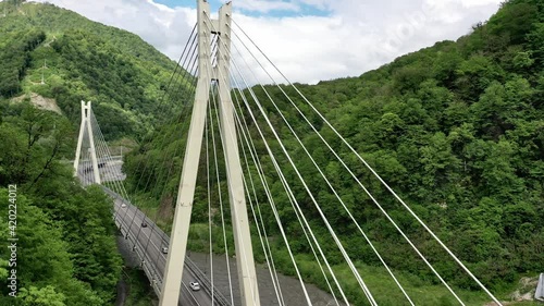 Aerial view of cable-stayed bridge and a new highway from Sochi to Krasnaya Polyana, Russia.
