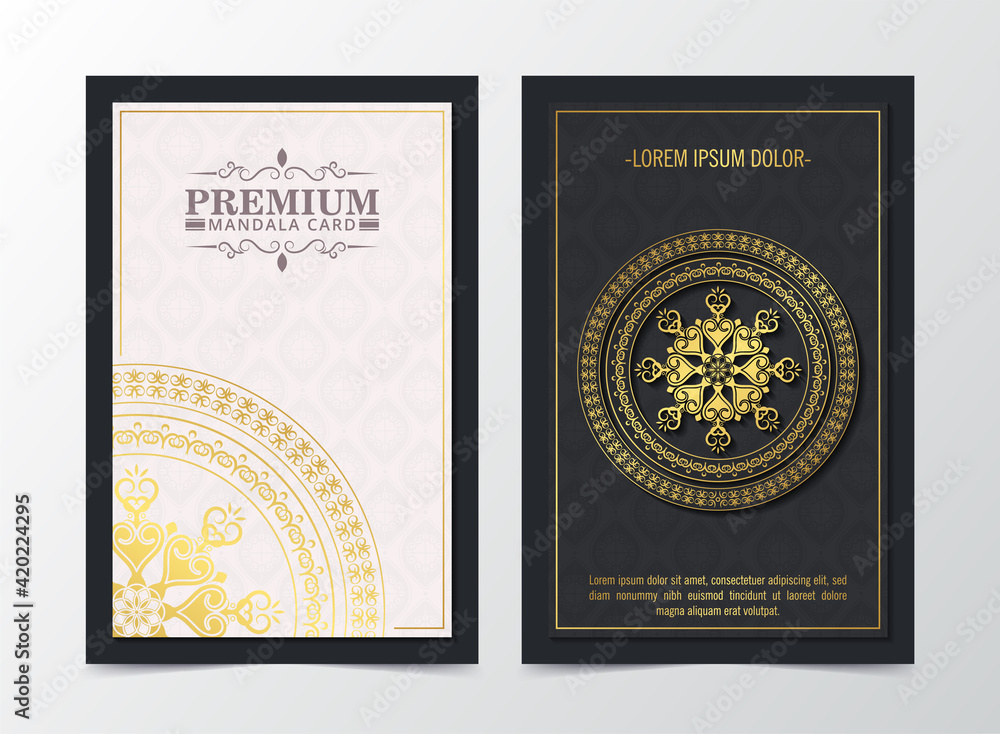 Luxury greeting card with mandala motif and border in retro style Luxury greeting card with mandala motif and border in retro style