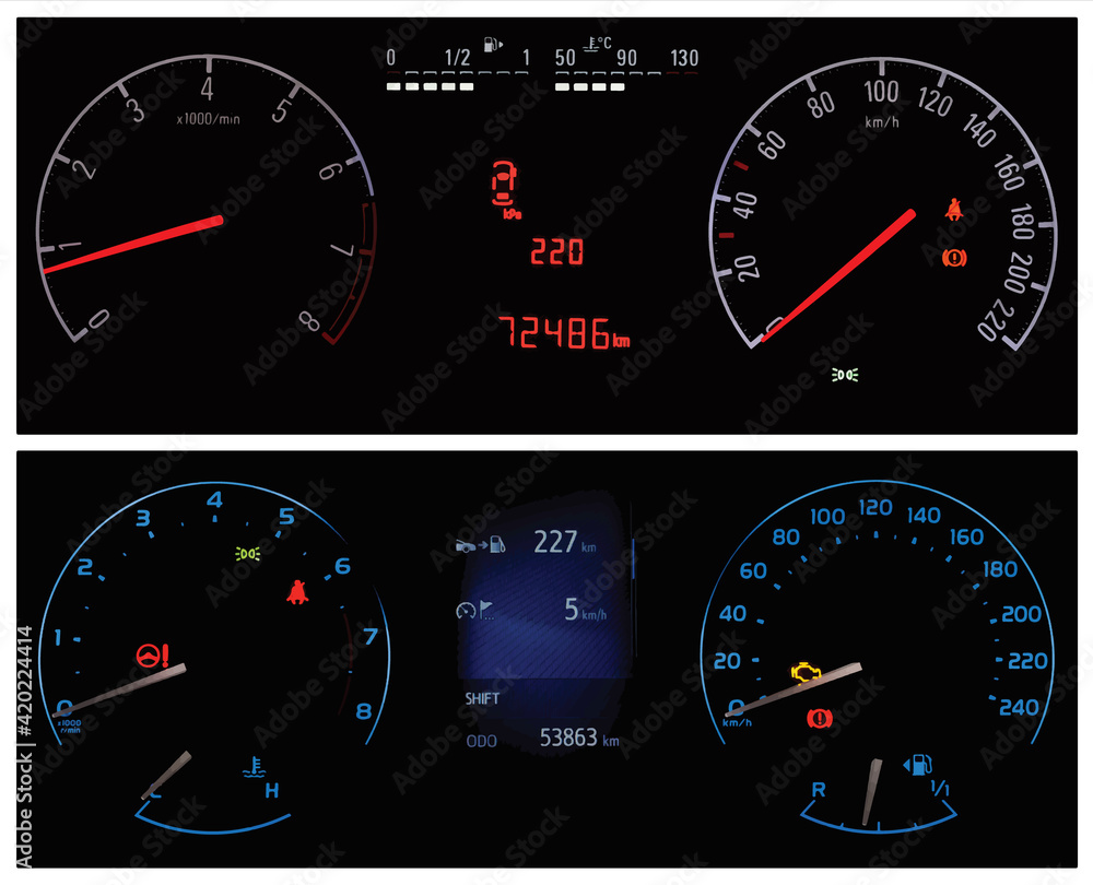 Vector car dashboards collage. Two different types of car cluster. Instrument panel with speedometer, tachometer, odometer, fuel gauge, oil temperature gauge, seat belt reminder, tyre pressure display