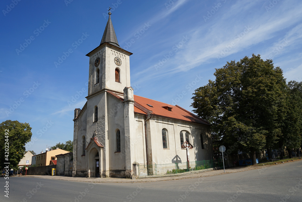 Historic church on main road, Prerov nad Labem, Czech Republic