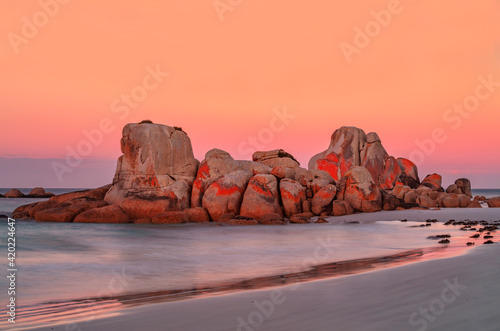 Stunning, spring, sunset, over Picnic Rocks. Mount William National Park. Part of the Bay of Fires Conservation Area. North Eastern Tasmania, Australia