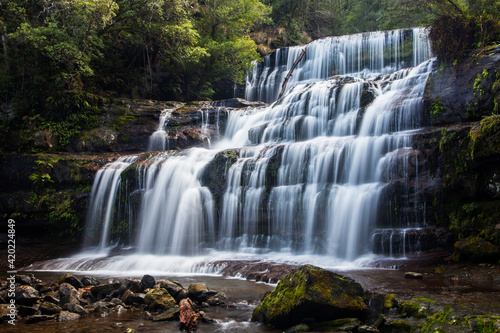 Beautiful ,cascading, Liffey Falls. Located in a cool temperate rainforest. In Liffey Falls State Reserve. Near Deloraine. The falls commence from the Great Western Tiers, Tasmania, Australia.