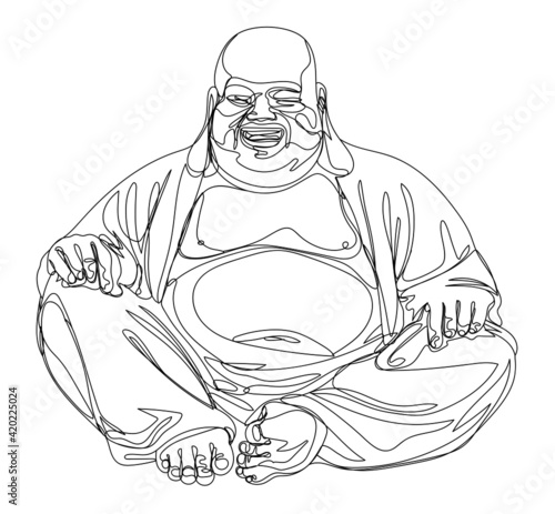 Fat laughing buddha, sitting in joy, stylized one-liner vector