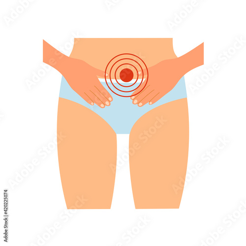 Woman having period pain in flat design. Menstrual cramps. Female hands on painful belly.