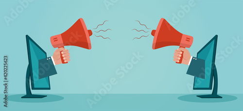 Vector of hands holding megaphone coming out from desktops.
