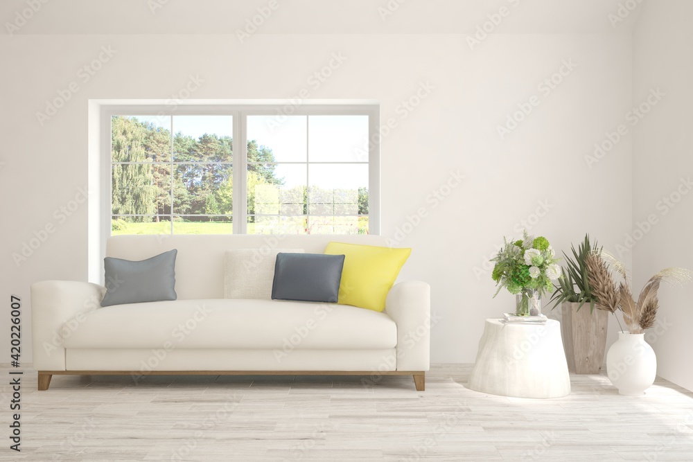 Naklejka premium White living room with sofa. Scandinavian interior design. 3D illustration