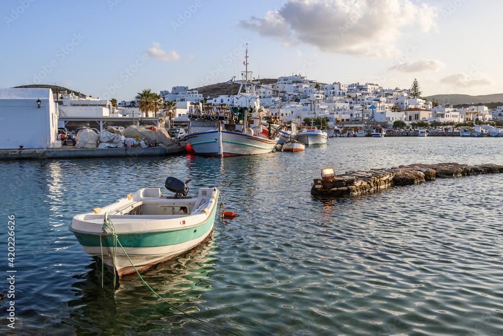 Naoussa harbor with traditional Greek houses in the Cycladic style, Paros island, Greece. Cyclades.