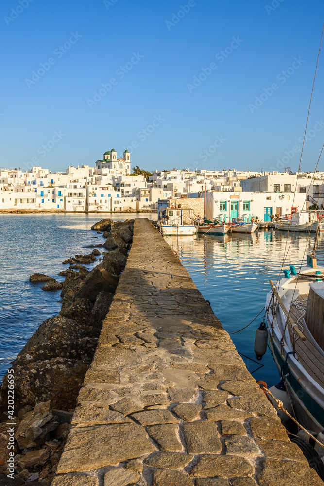 Naoussa on Paros Island. Traditional Greek architecture with white houses. Cyclades, Greece Naoussa on Paros Island. Traditional Greek architecture with white houses. Cyclades, Greece