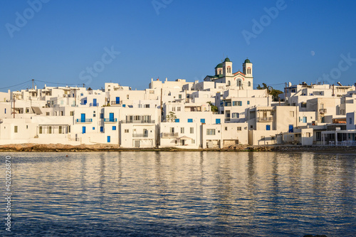 Naoussa village with traditional Greek houses in the Cycladic style, Paros island, Greece. Cyclades.