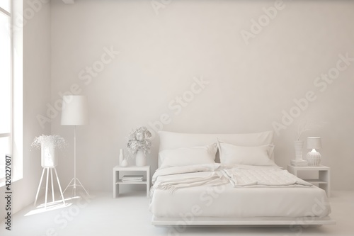 Modern bedroom in white color. Scandinavian interior design. 3D illustration