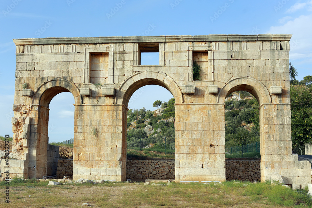 The ancient Roman gate at the northern edge of the ruins of Patara, Turkey
