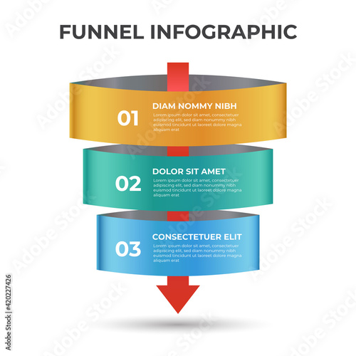Sales funnel diagram with arrows, 3 steps and levels layout with number, infographic template vector.