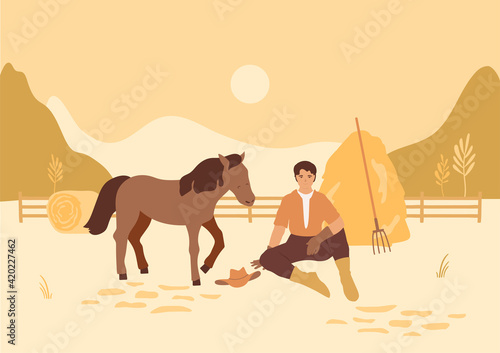Working man sits in field on ranch. Resting after collecting hay for the horse. Farming concept. Paddock, wooden fence, haystack, pitchfork. Abstract vector landscape with sunset, hills, grass.