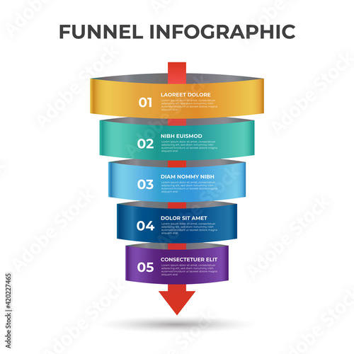 Sales funnel diagram with arrows, 5 steps and levels layout with number, infographic template vector.