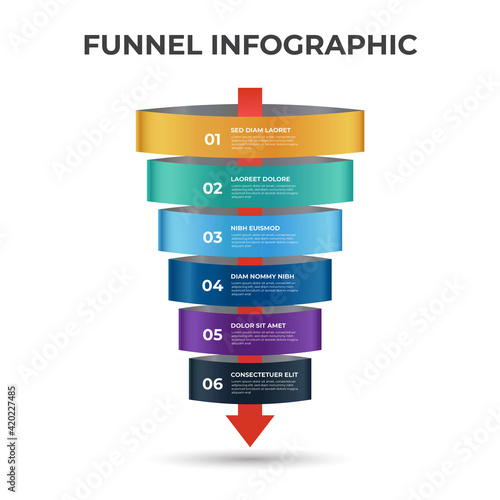 Sales funnel diagram with arrows, 6 steps and levels layout with number, infographic template vector.