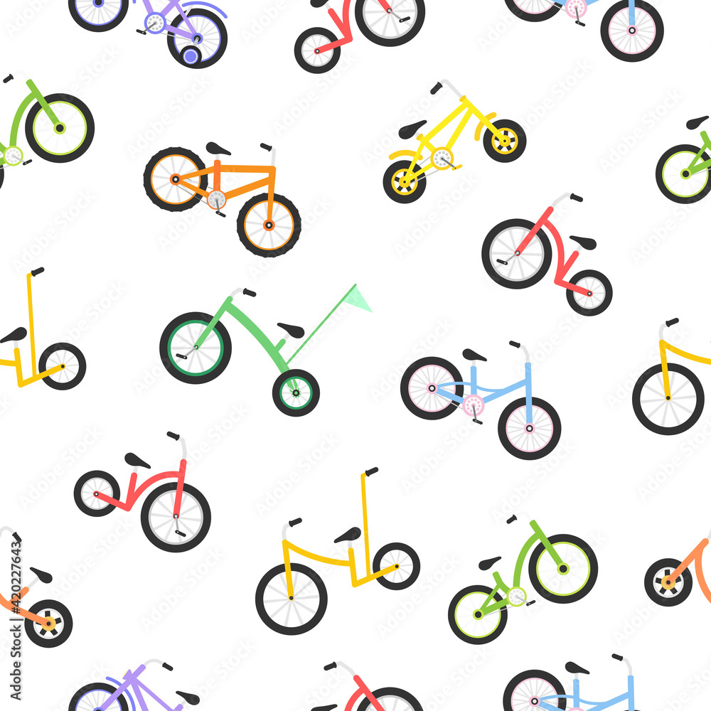 Cute different bicycles seamless pattern. Kids colorful bikes. Healthy lifestyle in different colors. Sport vehicle concept. Vector illustration isolated on white
