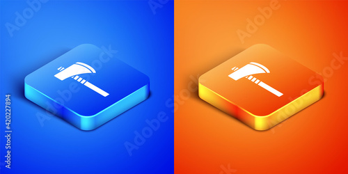 Isometric Native american tomahawk axe icon isolated on blue and orange background. Square button. Vector