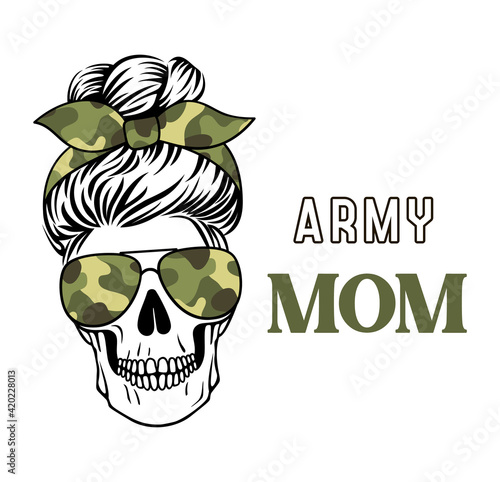 Female skull with aviator glasses and camouflage pattern. Army mom life skull. Vecto camo print. Messy bun. Military, patriotic ptint for shirt.
